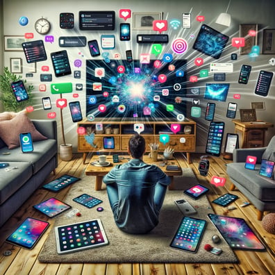 DALL·E 2024-02-20 13.50.16 - A person sits in the middle of a living room, visibly overwhelmed and surrounded by an array of smart devices, including a smartphone, tablet, smartwa